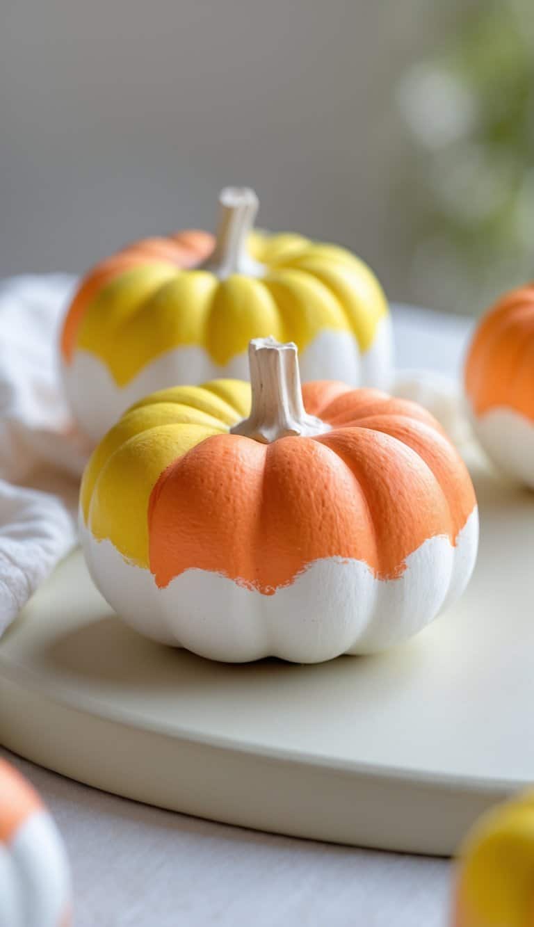 Close-up of one to two small pumpkins painted in bright candy corn colors, placed on a tabletop.