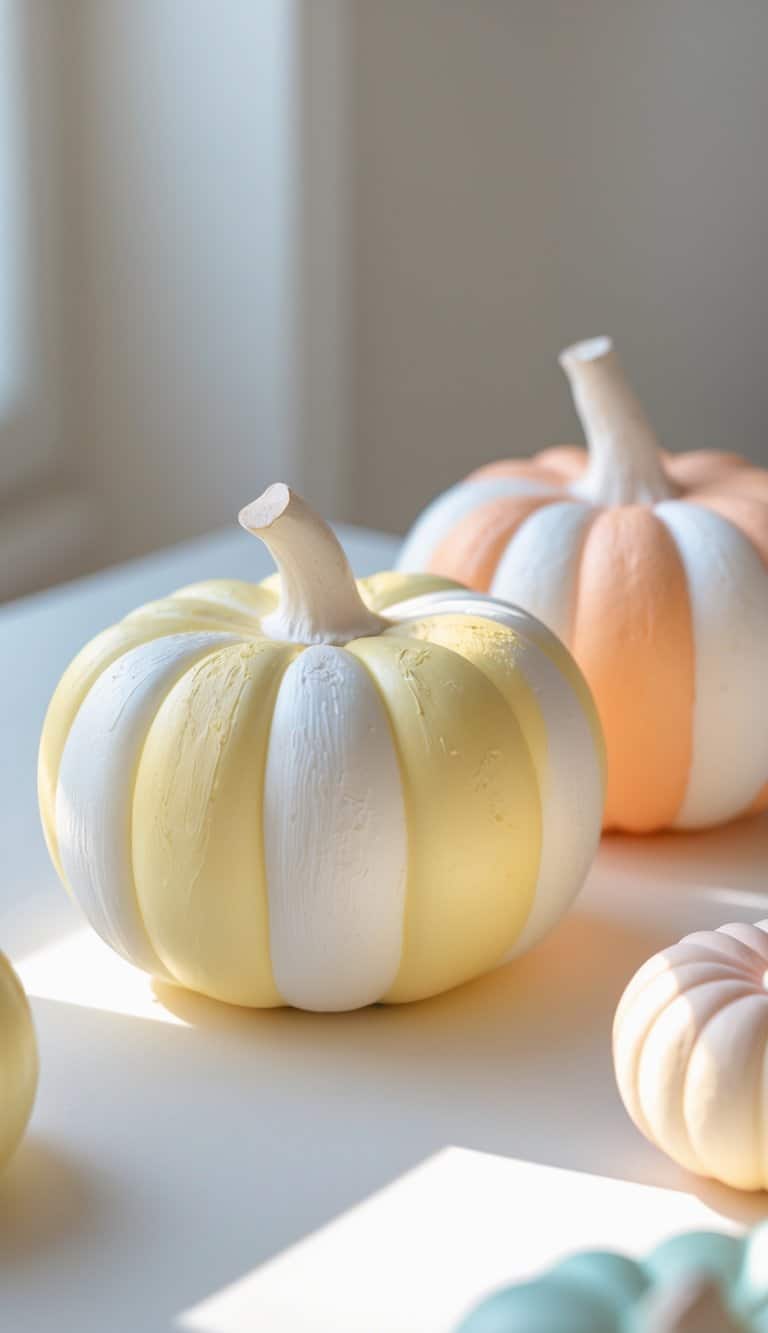 One to two small pumpkins painted in pastel candy corn colors on a clean tabletop with soft daylight.
