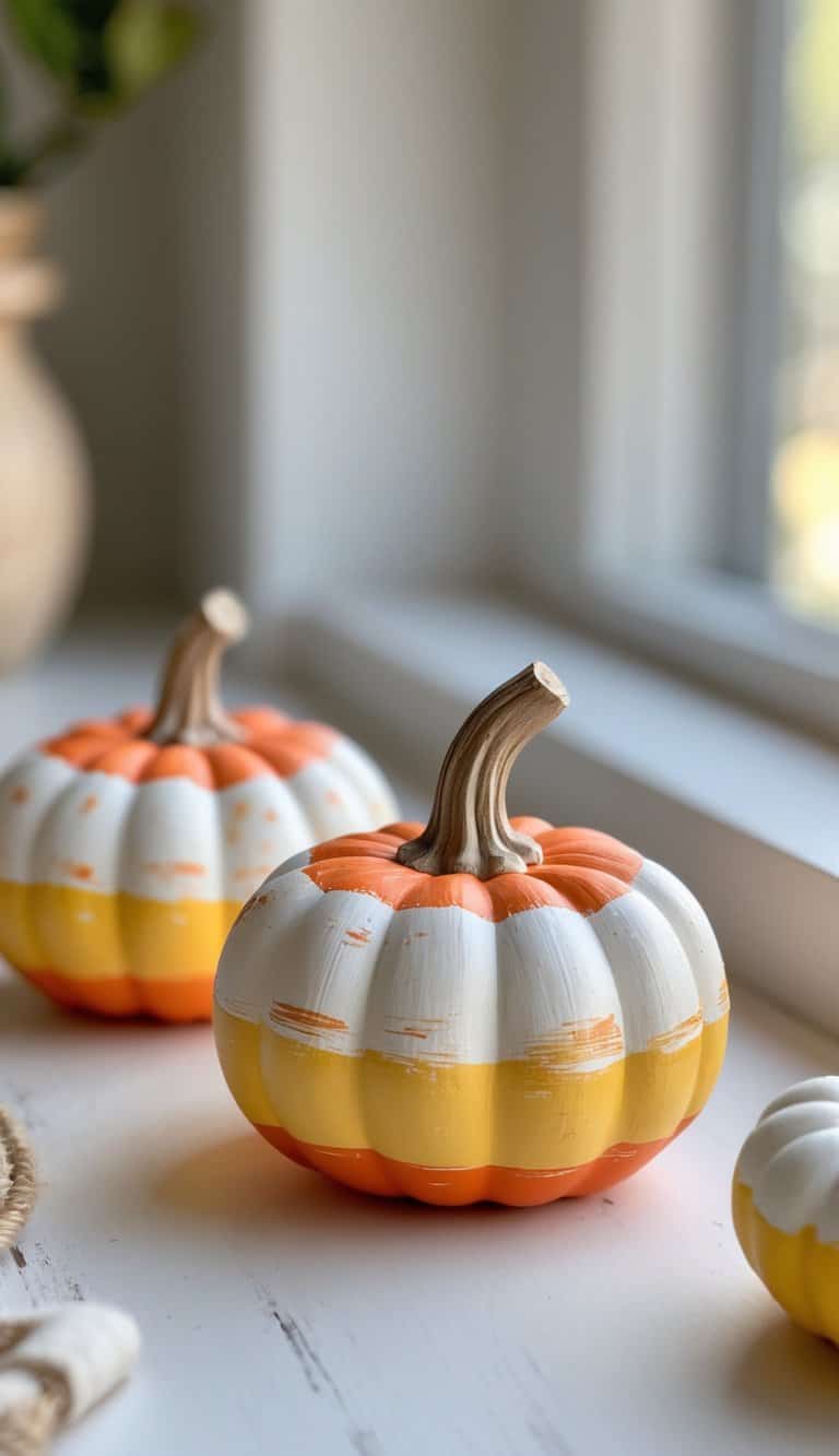 Close-up of one to two small pumpkins painted in bright candy corn colors with lightly distressed edges on a clean tabletop.