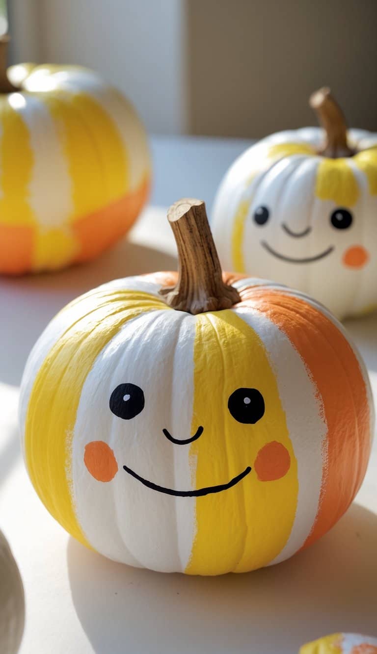 Close-up of one to two pumpkins painted in candy corn colors with cute, smiling faces on a clean tabletop.