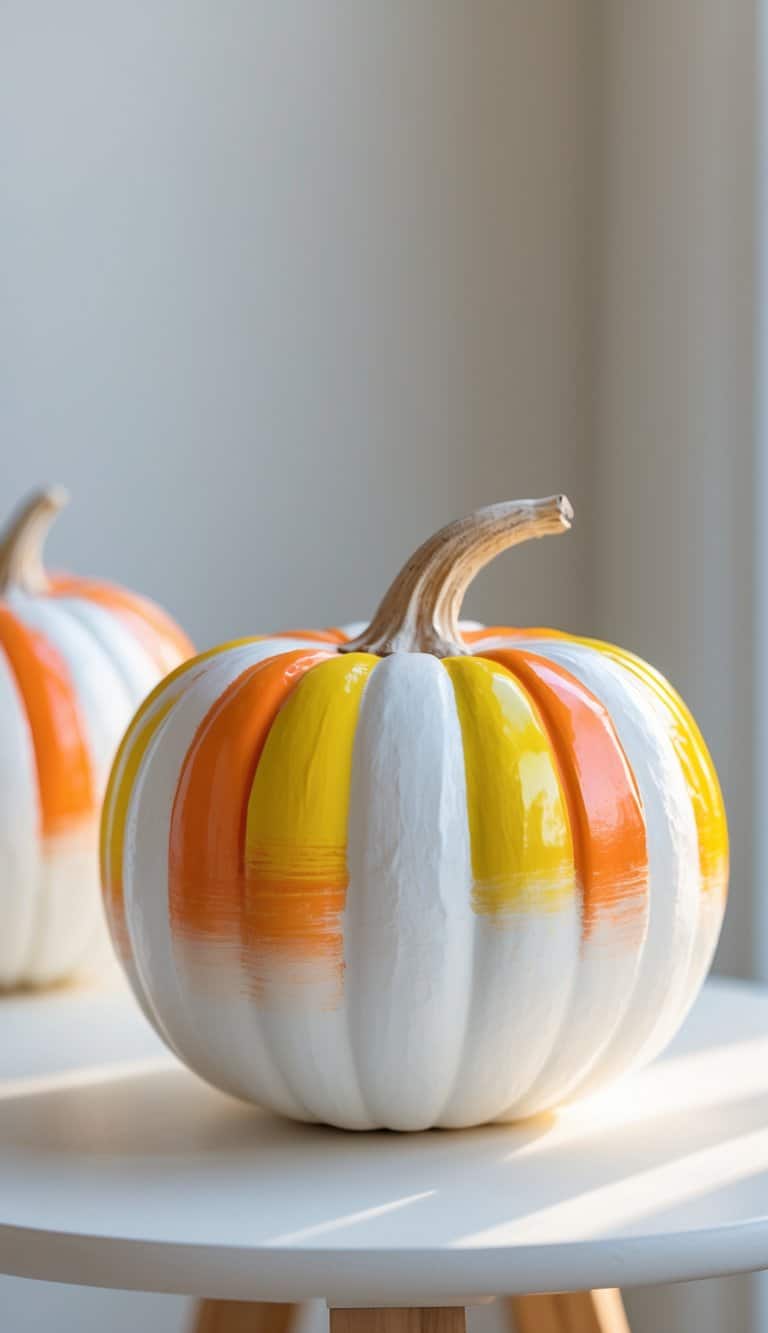 One to two pumpkins painted with smooth ombre candy corn colors on a clean tabletop under soft daylight.