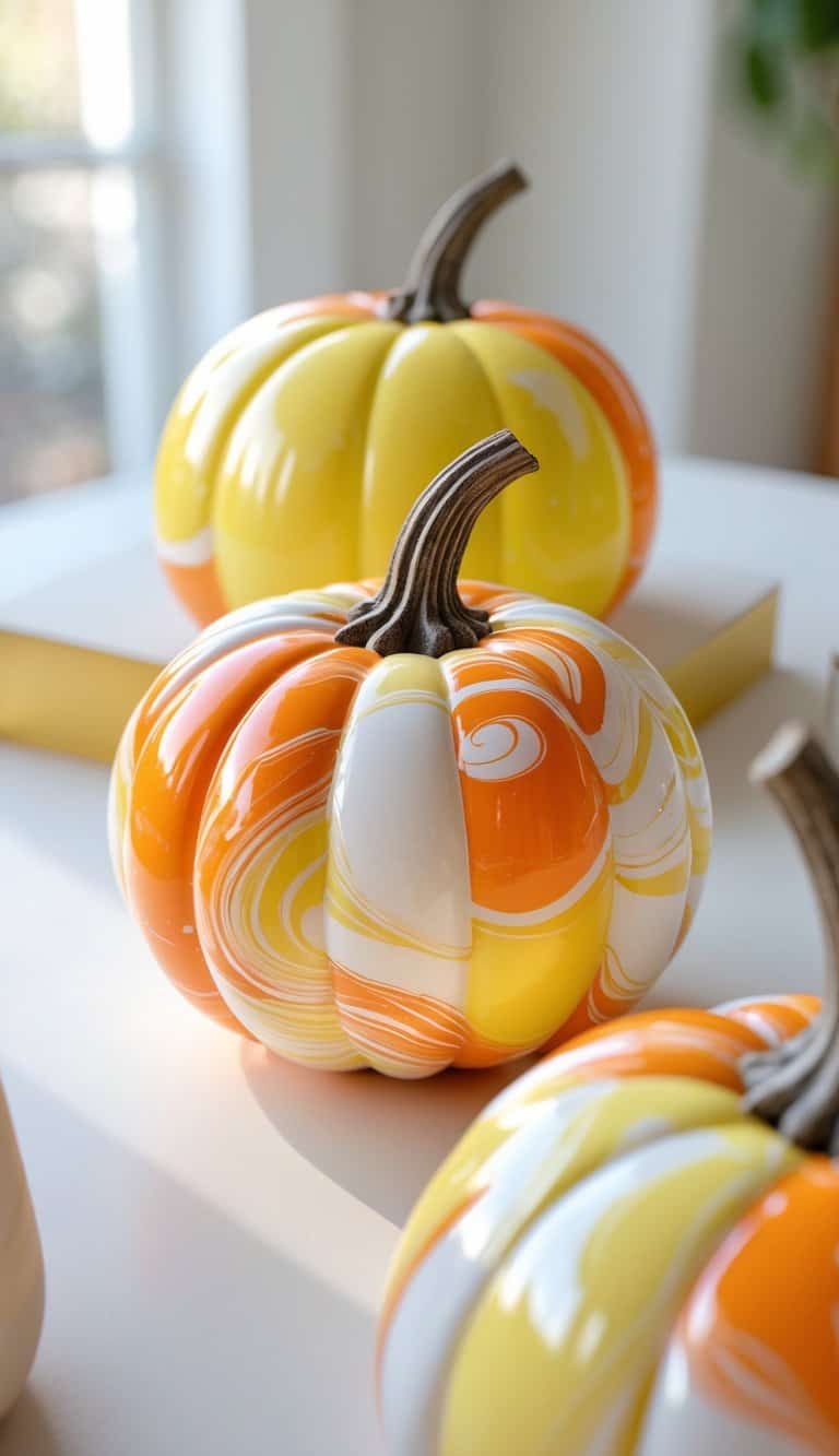 Close-up of one to two pumpkins painted with marbled candy corn colors on a clean tabletop.