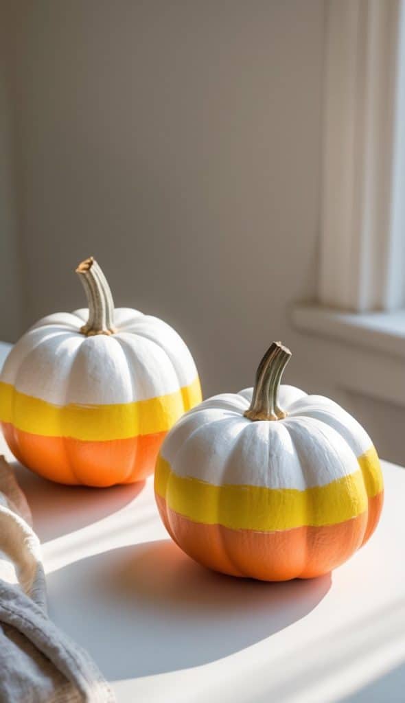 Two pumpkins painted in white, yellow, and orange stripes resembling candy corn sit on a white surface near a sunlit window.
