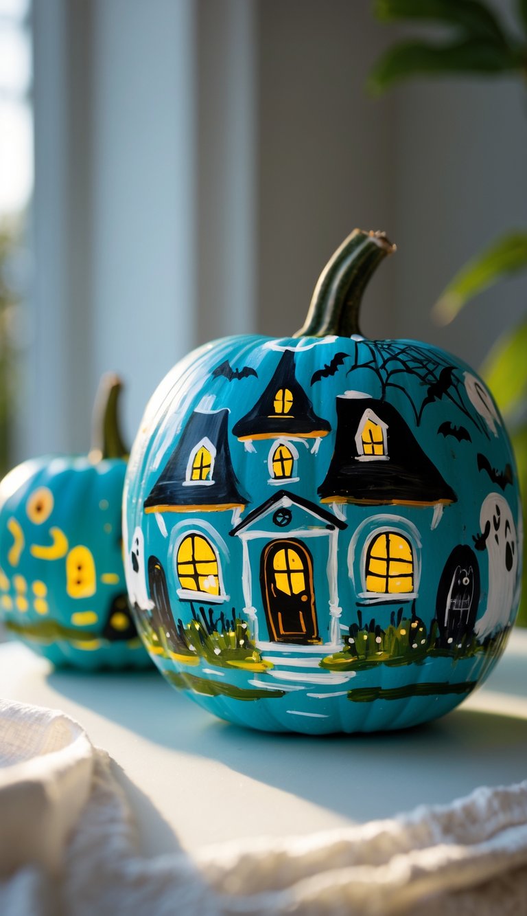 One or two brightly painted pumpkins on a tabletop, decorated with ghosts, bats, spiderwebs, and a haunted house scene.