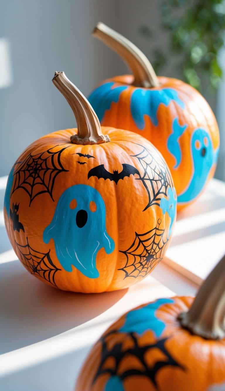 One to two painted pumpkins on a table featuring colorful ghost, bat, and spiderweb designs in soft daylight.
