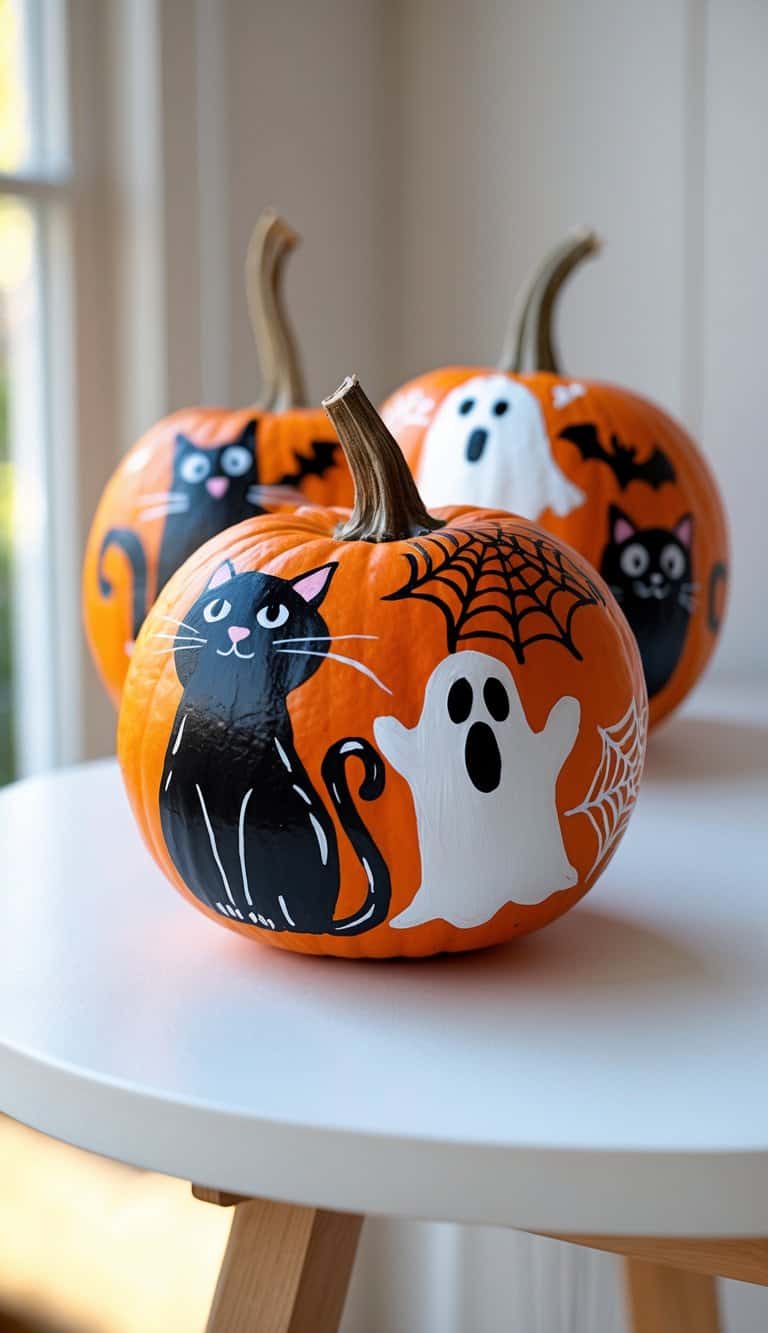 One to two pumpkins painted with Halloween designs including a black cat, ghosts, bats, and spiderwebs on a clean tabletop under soft daylight.