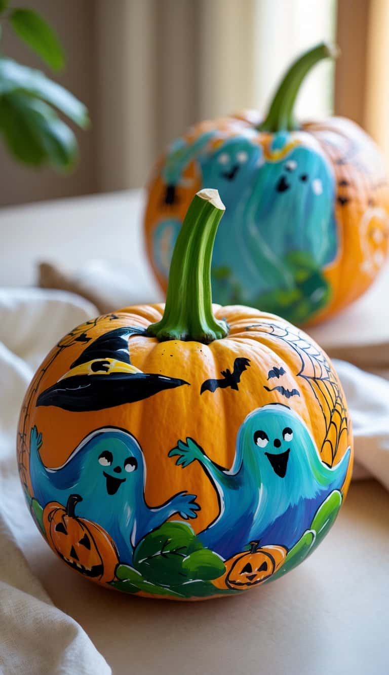 Close-up of one to two painted pumpkins on a table, featuring a winking witch with a green nose and Halloween-themed decorations like ghosts, bats, and spiderwebs.