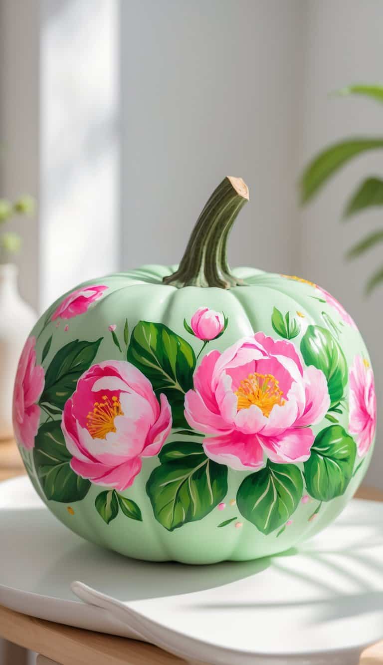 Close-up of a soft green pumpkin painted with pink flowers and green leaves on a simple tabletop.