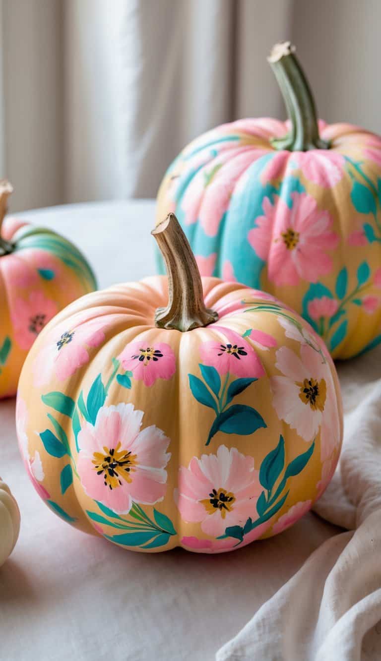 Close-up of one or two painted pumpkins with floral designs on a tabletop.