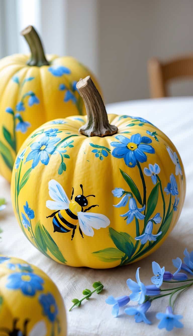 Close-up view of one to two pumpkins painted with bees and bluebell flowers on a tabletop.
