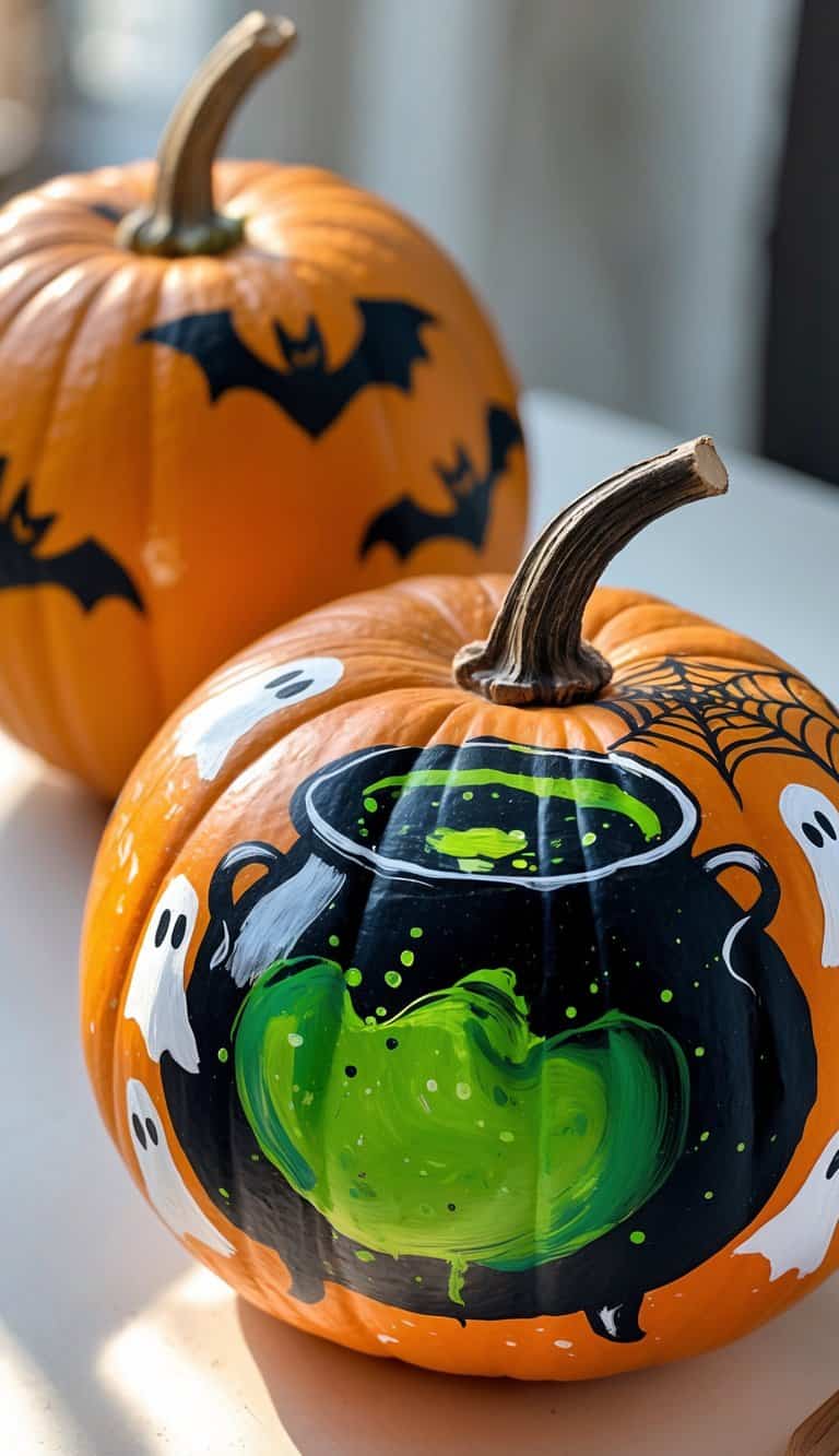 Close-up of one to two pumpkins painted with a bubbling cauldron, ghosts, bats, and spiderwebs, placed on a clean tabletop under soft daylight.