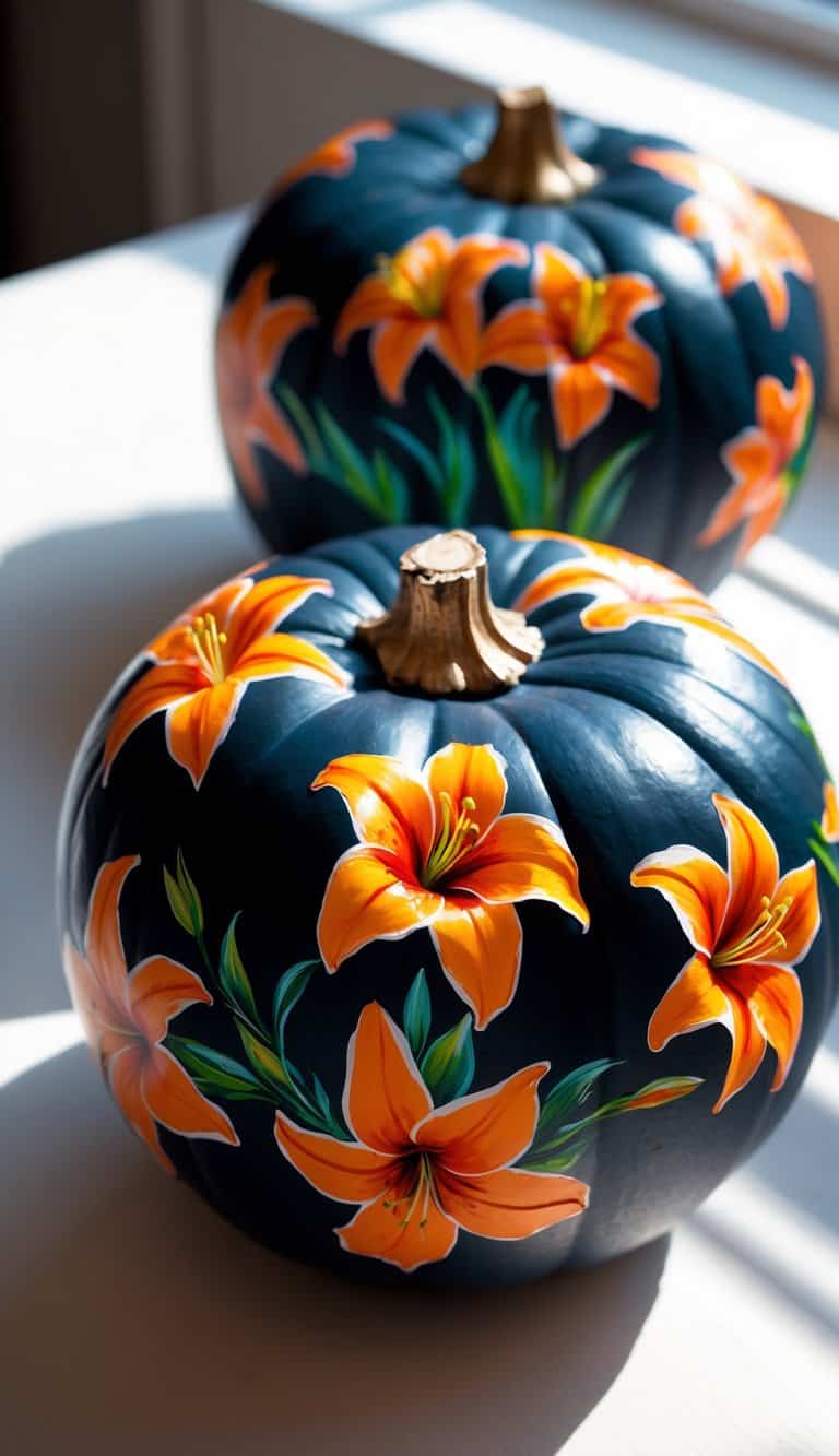 Close-up of one or two pumpkins painted black with bright orange tiger lily flowers on a clean tabletop under soft daylight.