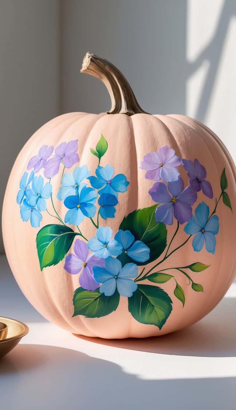 Close-up of a pastel peach pumpkin painted with colorful hydrangea flowers on a clean tabletop.