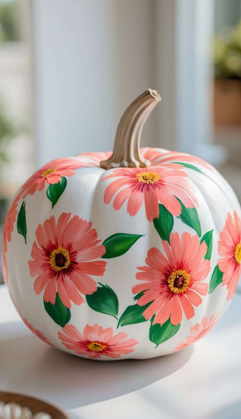 A close-up of a white pumpkin painted with bright coral zinnia flowers on a plain tabletop.