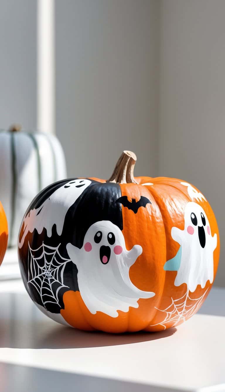 One to two painted pumpkins with ghost, bat, and spiderweb designs on a tabletop under soft daylight.