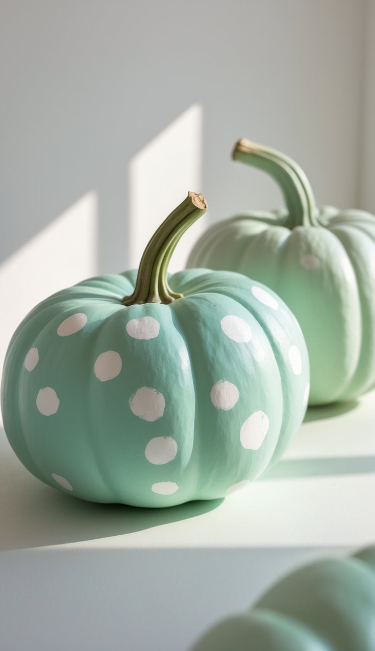 Two painted pumpkins on a tabletop, one mint green with white polka dots and the other light sage green, lit by soft daylight.
