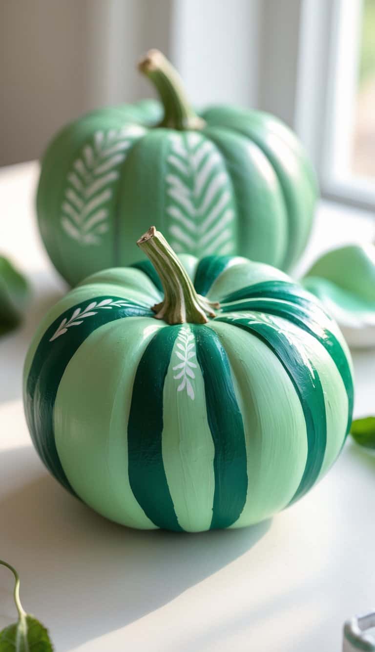Close-up of one to two green painted pumpkins with striped and playful designs on a tabletop under soft daylight.