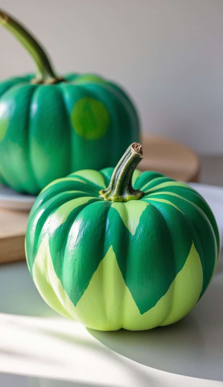 Close-up of one to two green painted pumpkins with chevron patterns on a tabletop under soft daylight.