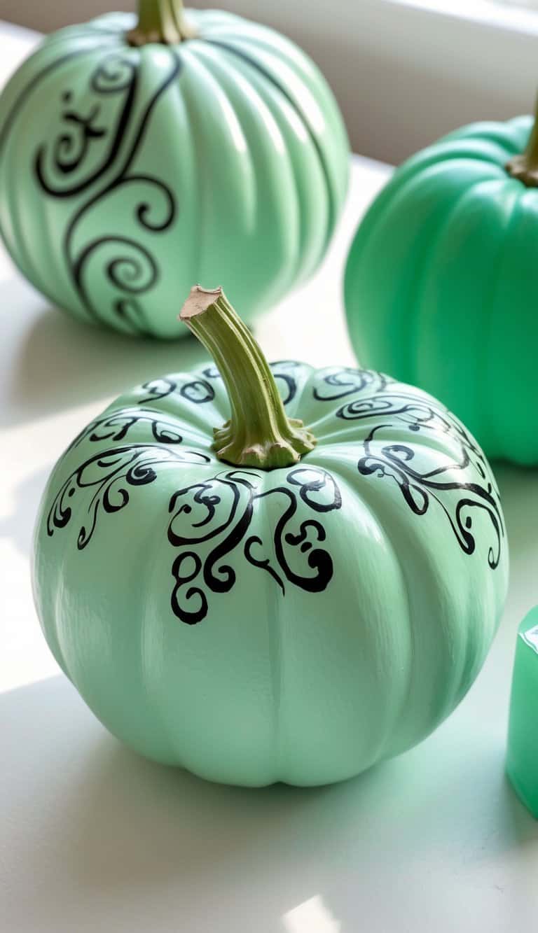 Close-up of one to two painted green pumpkins on a tabletop, one mint green with black swirl designs, under soft natural light.