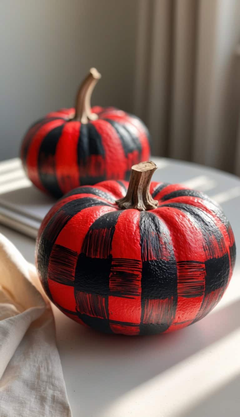 Two pumpkins painted with a red and black checkered pattern sit on a white surface near sunlight, creating a cozy, autumn atmosphere.