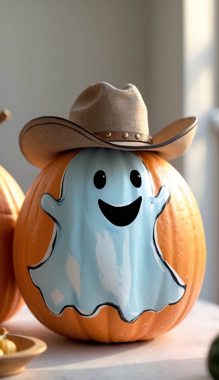 A pumpkin painted with a smiling ghost wearing a cowboy hat. The pumpkin sits on a table in bright natural light.