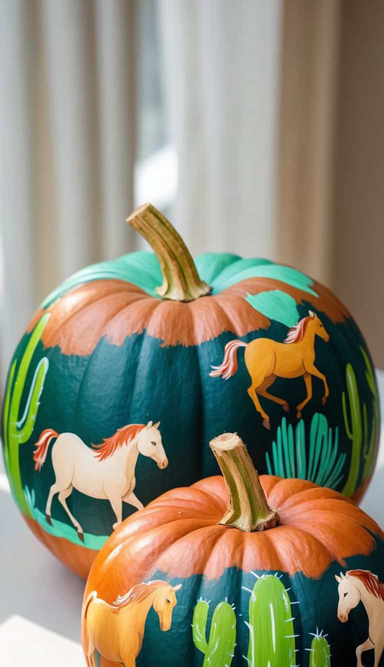 Two pumpkins painted with colorful scenes featuring horses and green cacti, set against a dark background with natural light streaming in from a window.