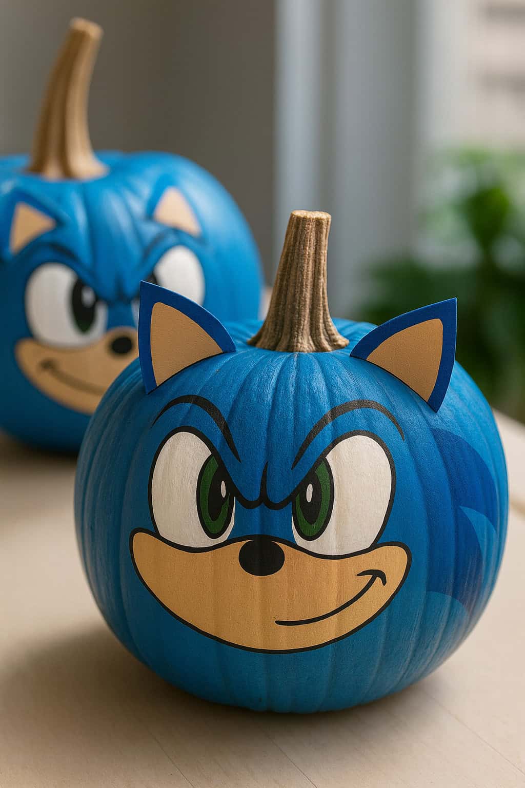 Two pumpkins are painted blue and decorated with Sonic the Hedgehog faces, featuring large green eyes, pointy ears, and mischievous expressions. They are placed on a light-colored surface indoors.