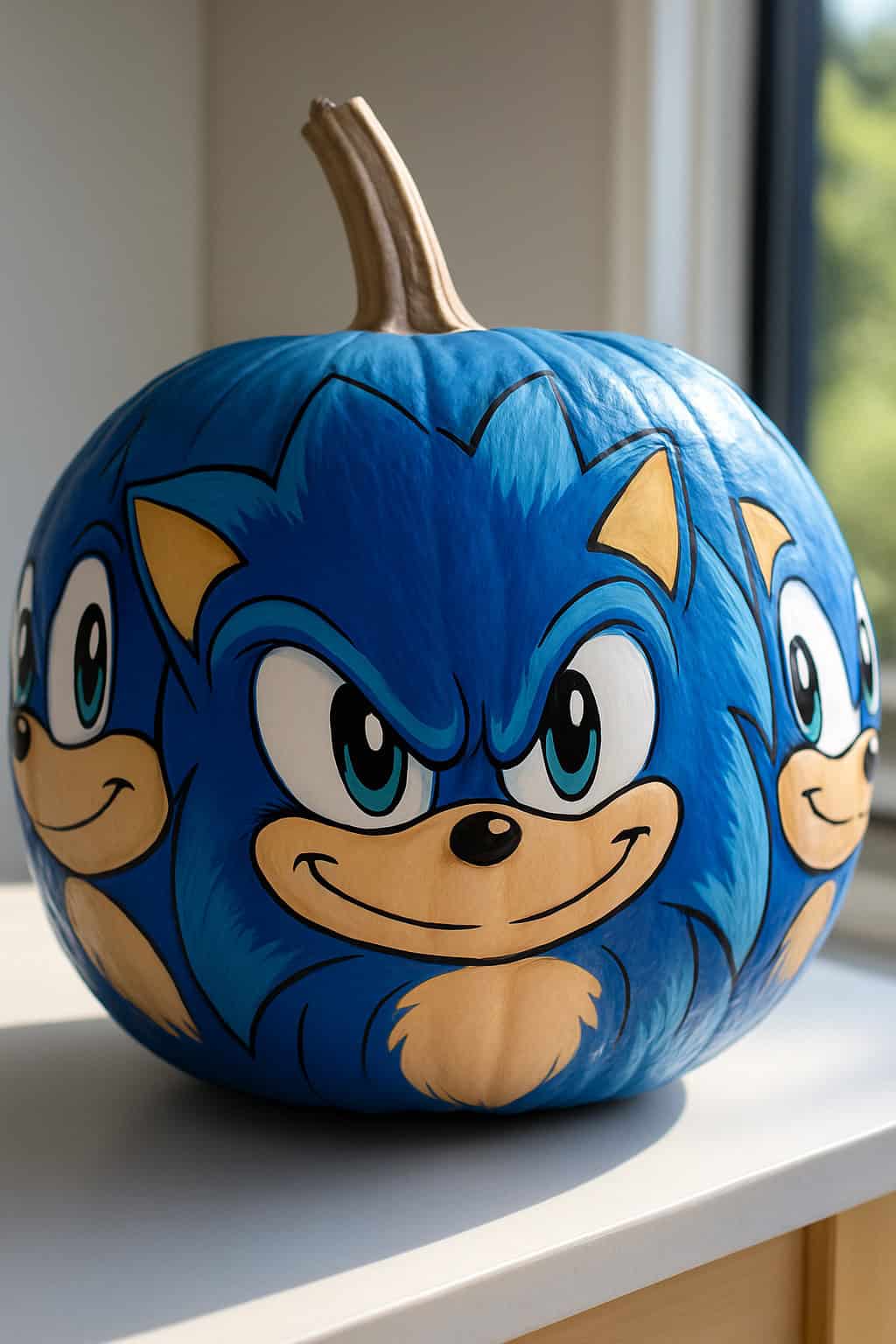 A pumpkin painted bright blue with three cartoon faces of Sonic the Hedgehog, each showing a confident expression. The pumpkin sits on a light wooden surface near a sunlit window.