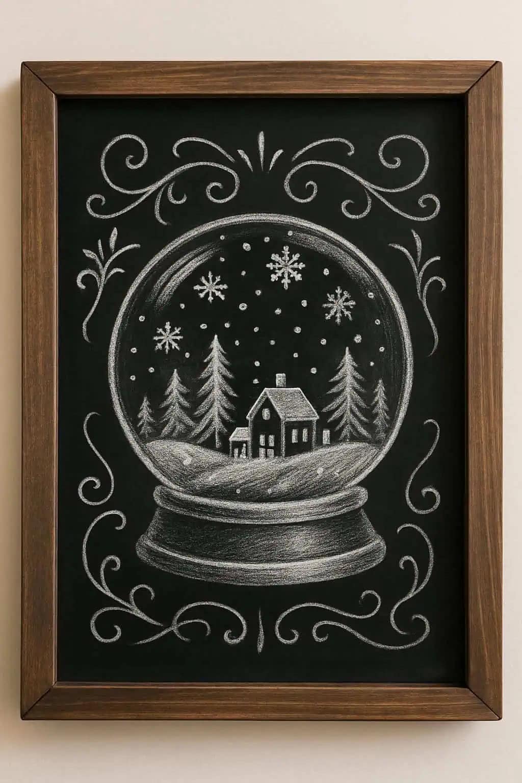 Chalk drawing of a snow globe with a house, pine trees, and snowflakes inside, surrounded by decorative swirls, set in a brown wooden frame.