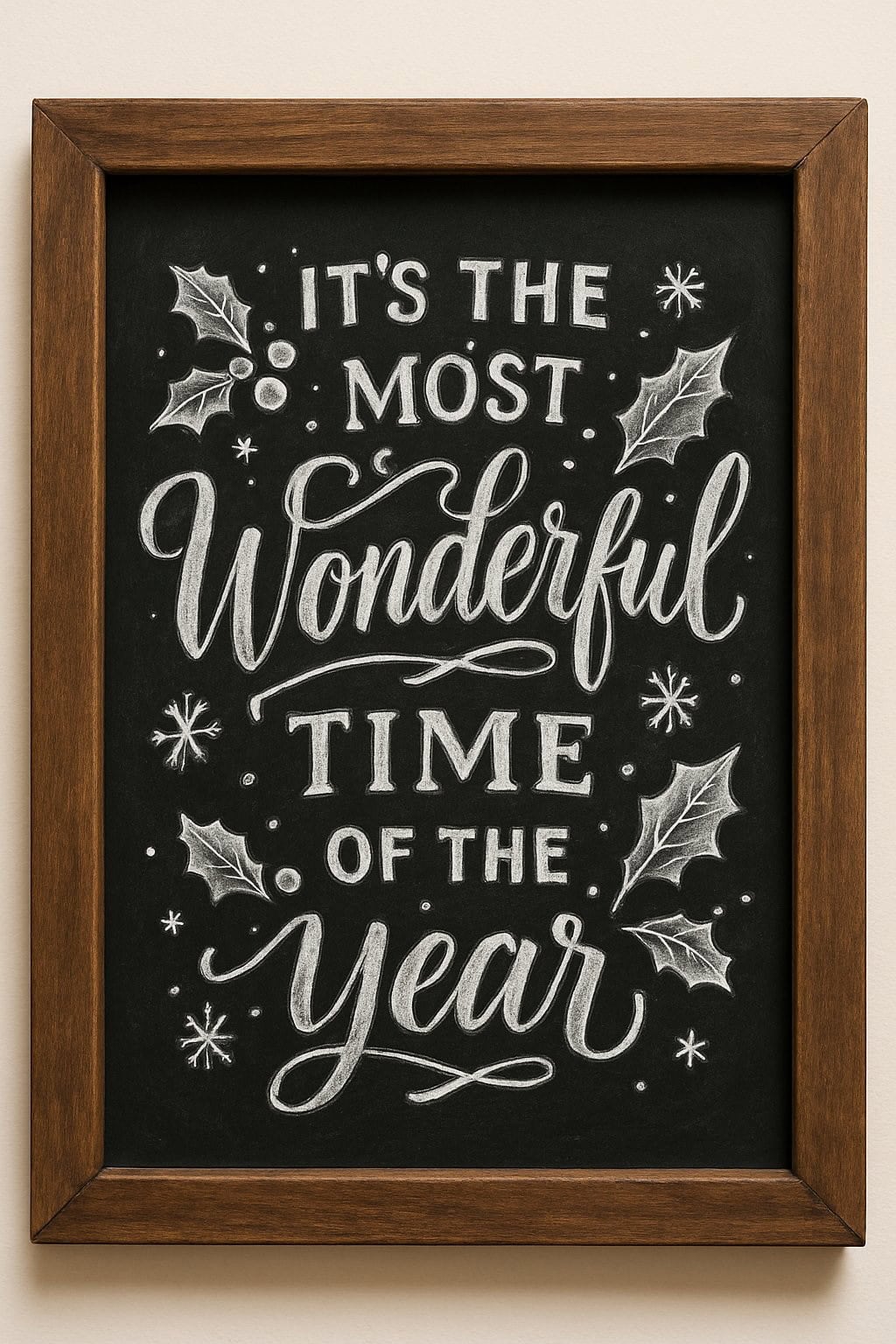 A framed chalkboard sign with the words “It’s the most wonderful time of the year” in decorative white lettering, surrounded by holly leaves, berries, and snowflakes.