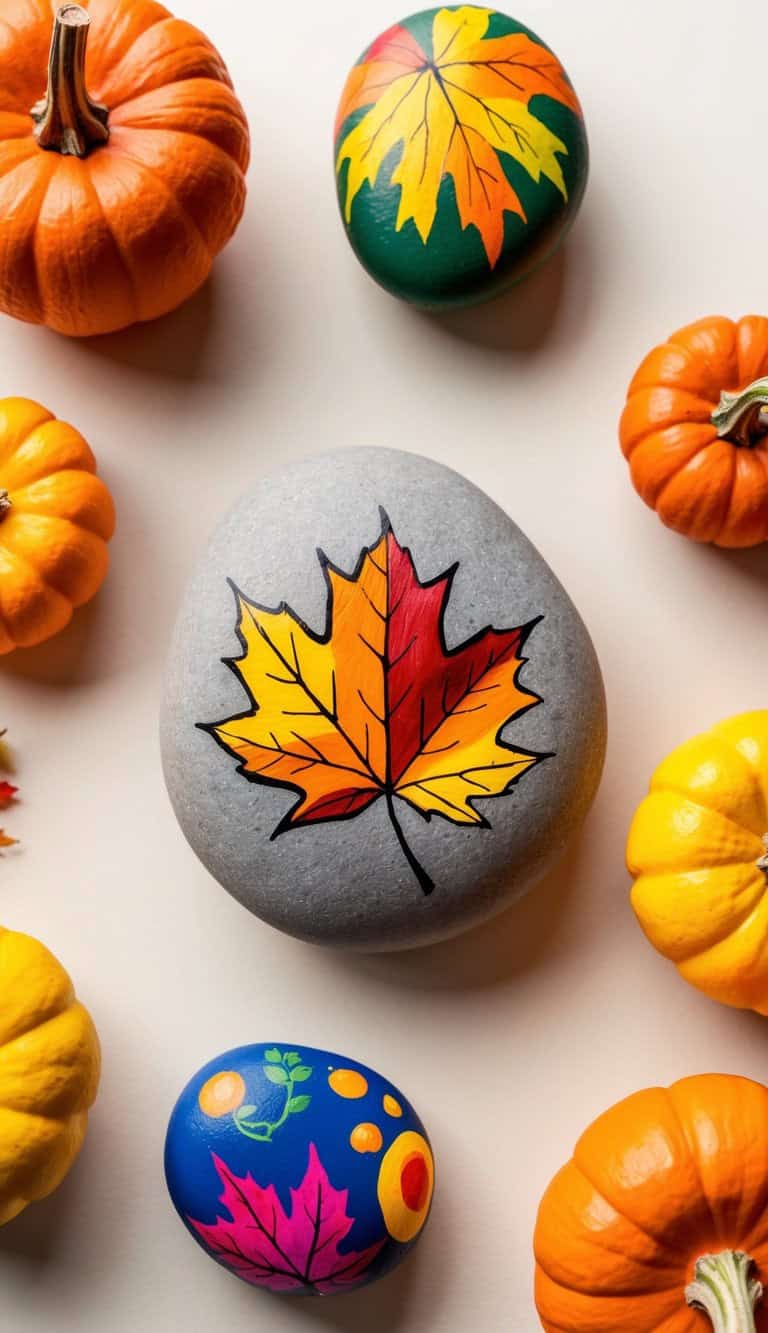 A group of small pumpkins surrounds painted rocks, including one with a large colorful maple leaf, another with a green leaf, and a third with abstract patterns, all on a light surface.