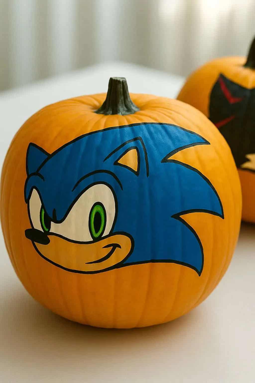 A pumpkin decorated with a painted image of Sonic the Hedgehog's face, featuring blue spikes, green eyes, and a mischievous smile. Another partially visible pumpkin is in the background.