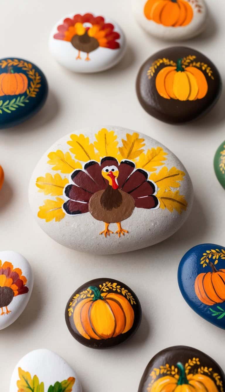 Hand-painted stones featuring colorful turkeys with yellow feathers and pumpkins with leafy accents are arranged on a white surface, creating a festive fall or Thanksgiving scene.
