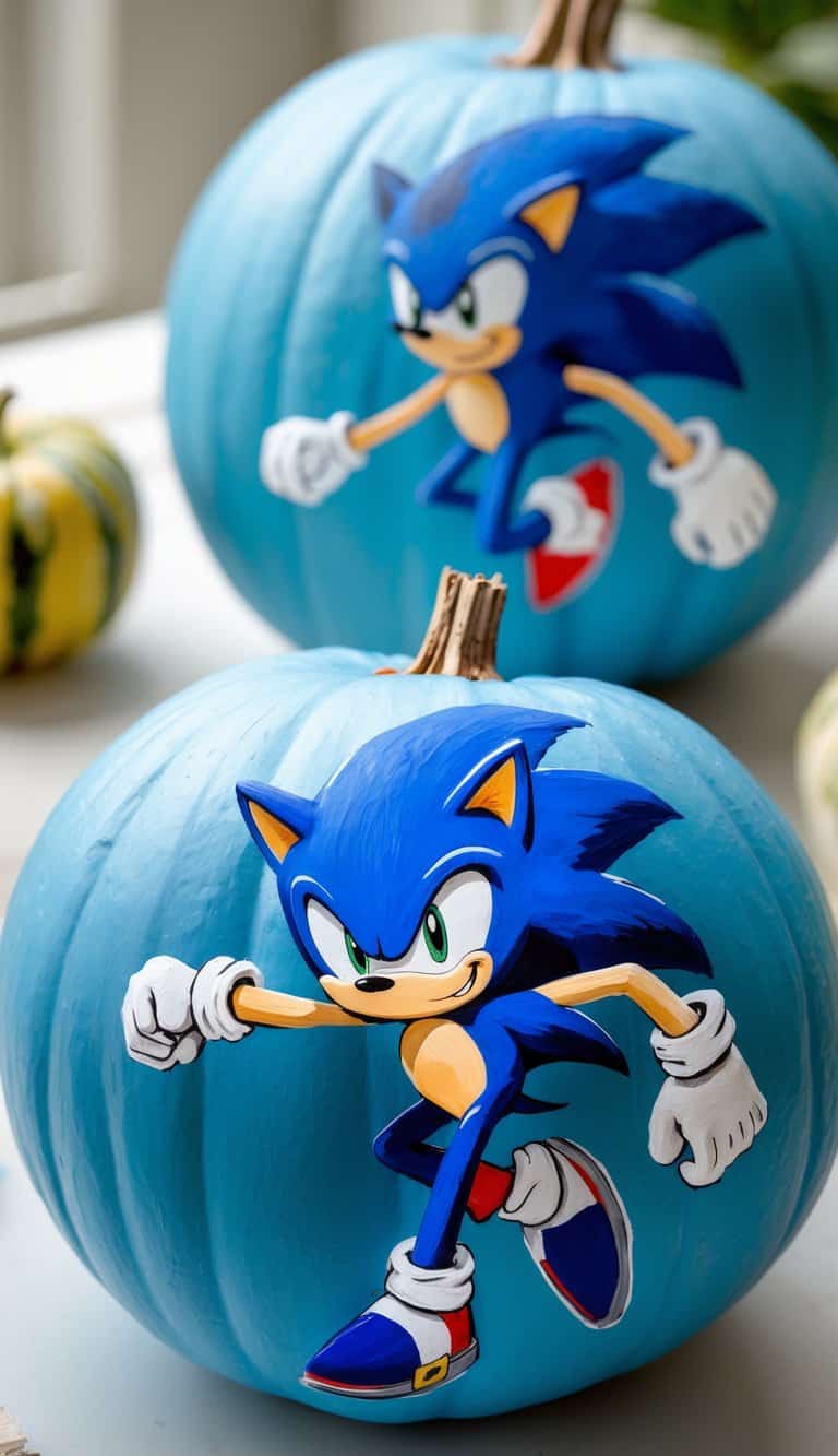 One or two blue pumpkins painted with Sonic the Hedgehog running silhouettes on a clean tabletop under soft daylight.