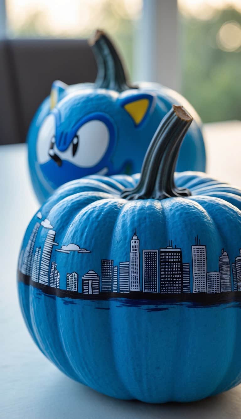 Close-up of one or two blue pumpkins painted with Sonic the Hedgehog faces and a city skyline, placed on a tabletop with soft daylight.