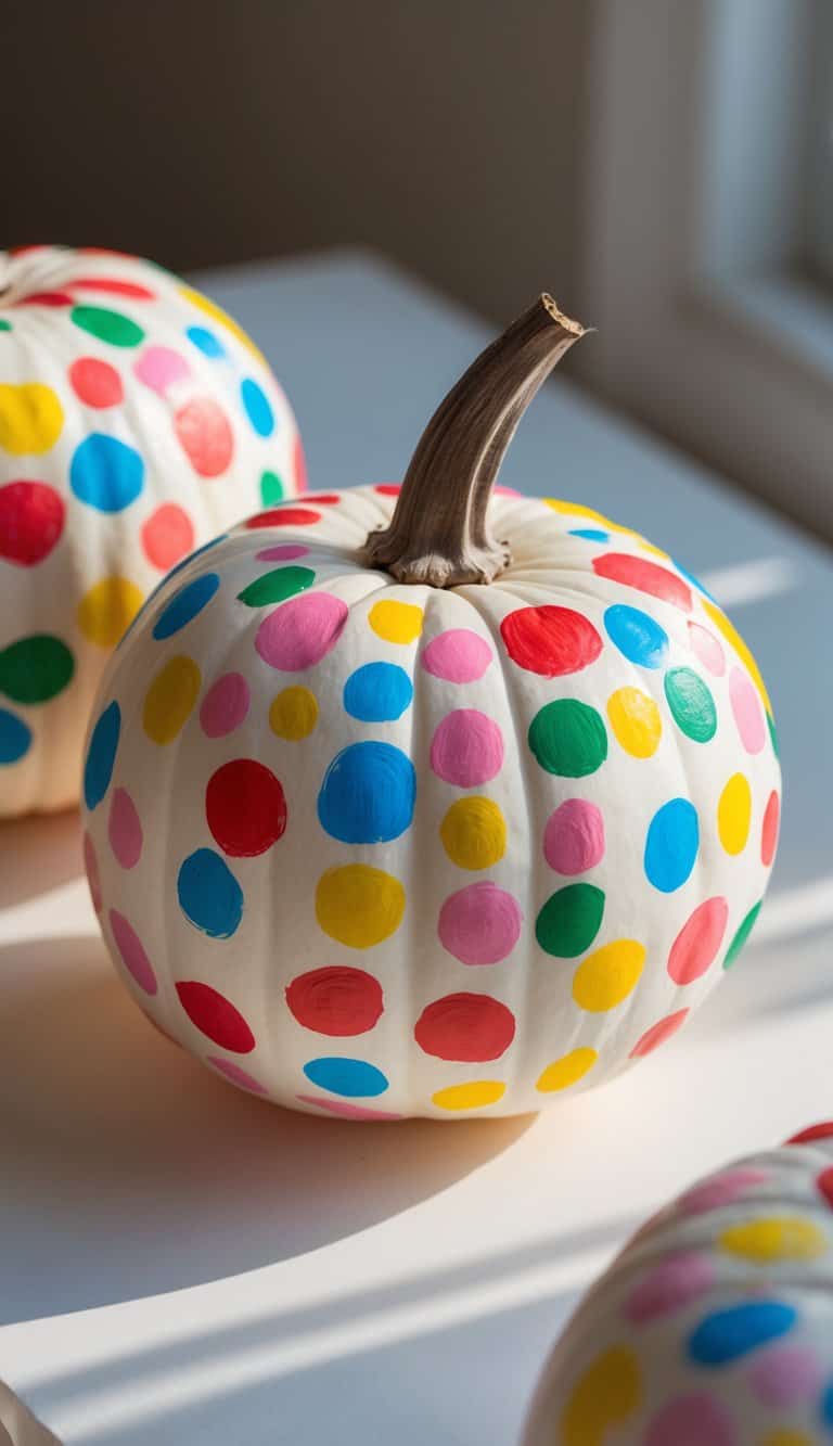 Close-up of one to two pumpkins painted with colorful dot patterns on a tabletop in natural light.
