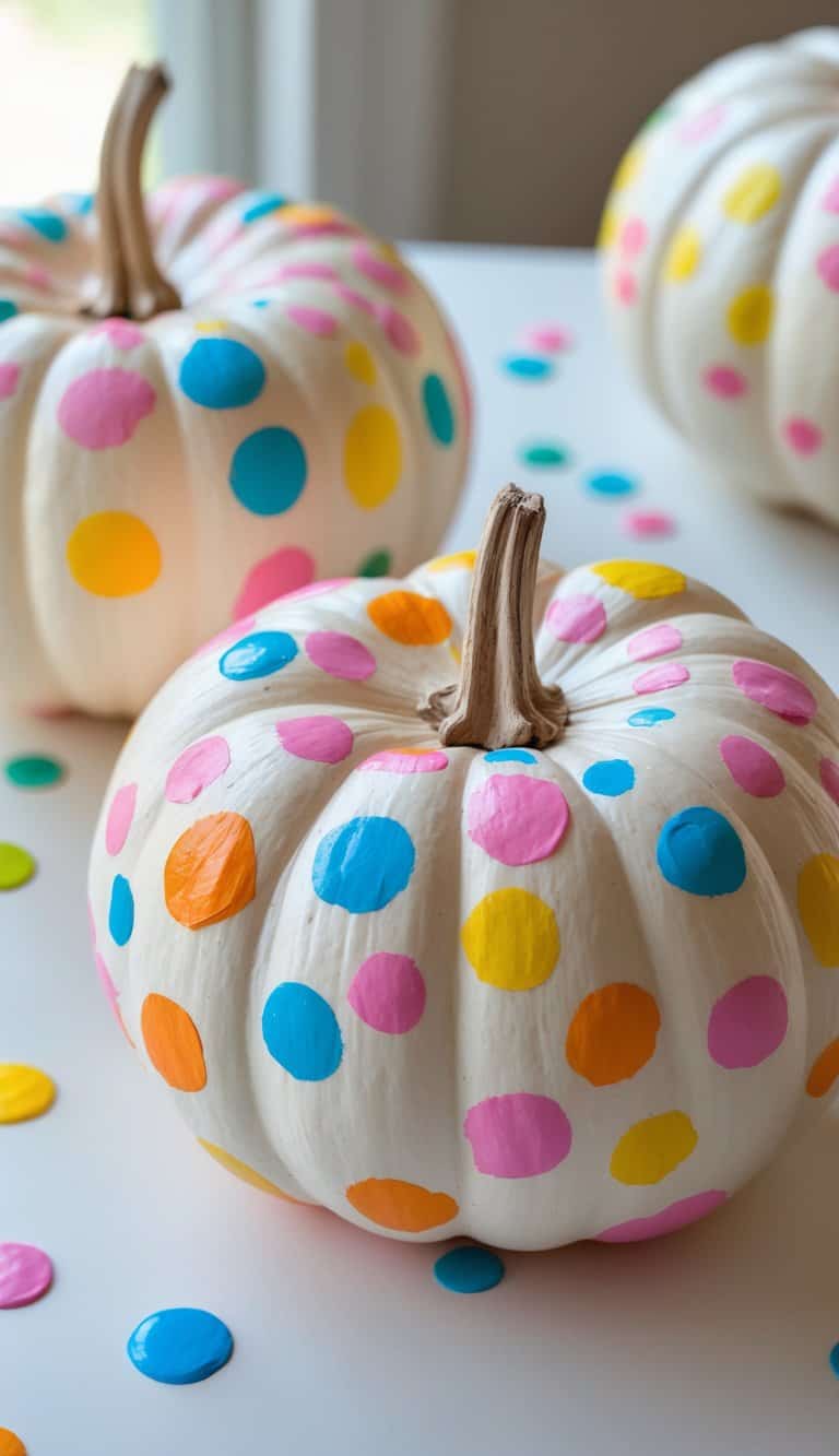 Close-up of one to two pumpkins painted with colorful confetti dots on a clean tabletop under soft daylight.