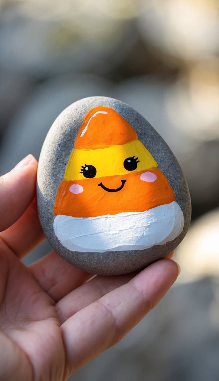 A hand holding a smooth rock painted with a smiling candy corn design in yellow, orange, and white colors.