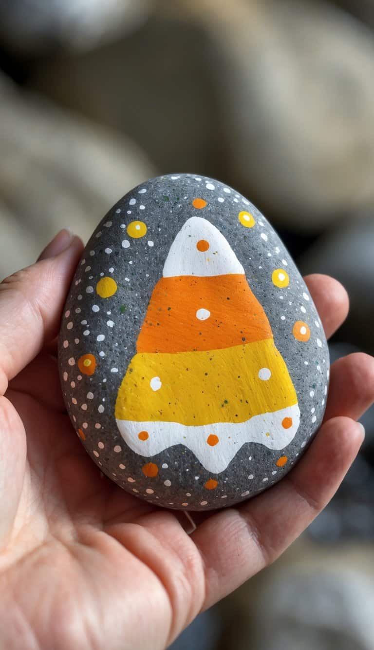 A hand holding a smooth river rock painted with yellow, orange, and white candy corn colors and polka dot patterns.