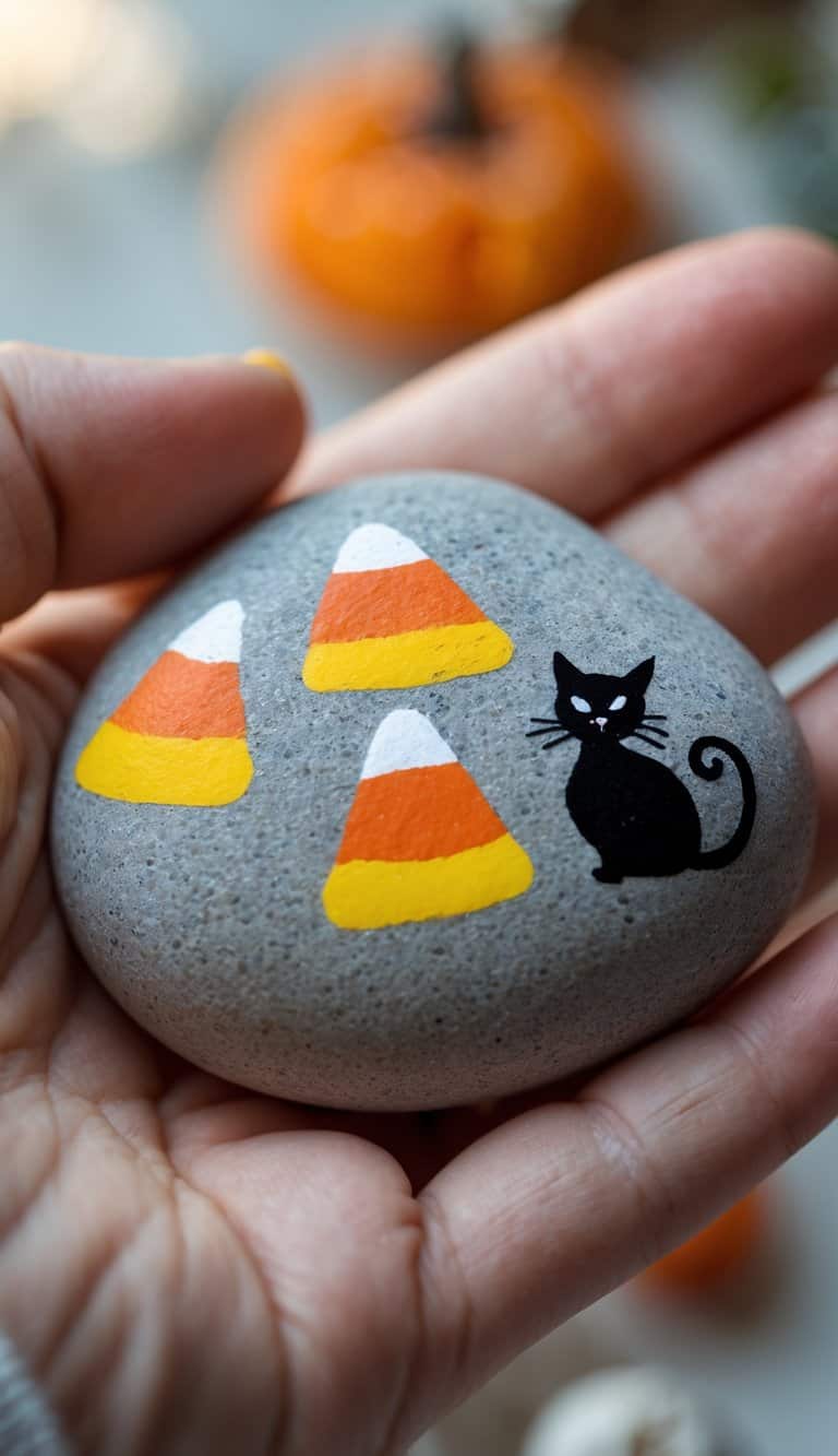 A hand holding a smooth river rock painted with yellow, orange, and white colors and a black silhouette of a cat.