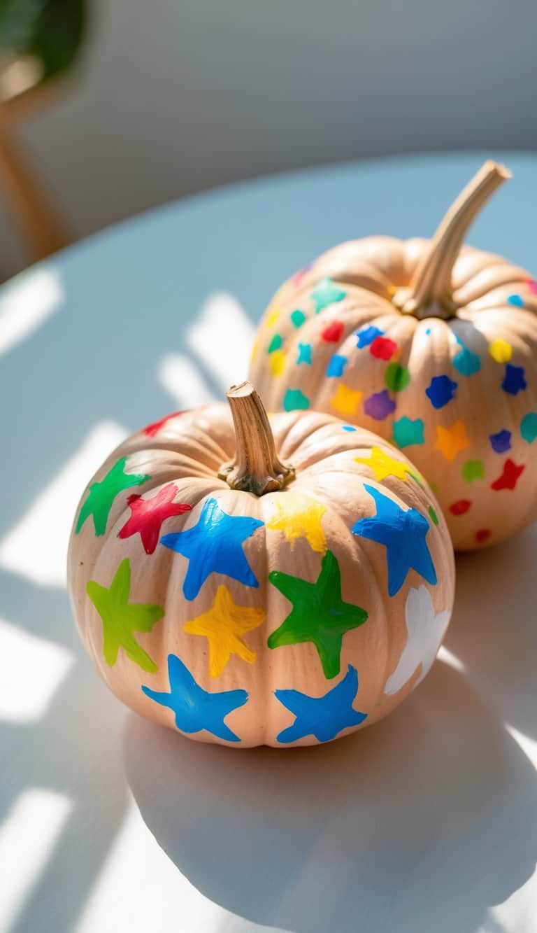 Close-up of one to two pumpkins painted with colorful star-shaped confetti dots, placed on a tabletop in natural light.