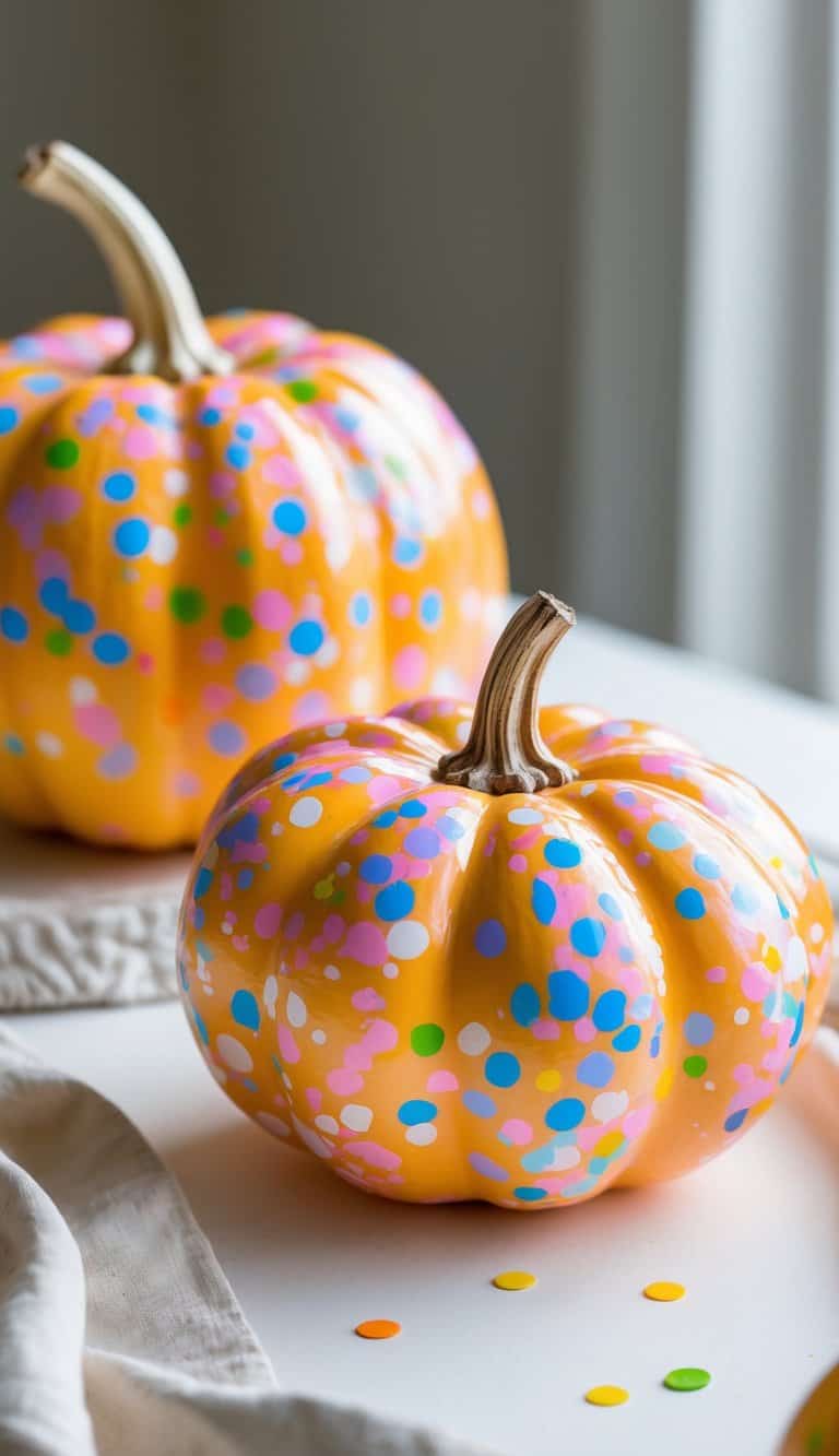 Close-up image of one to two brightly painted pumpkins with colorful confetti dots on a tabletop in soft daylight.