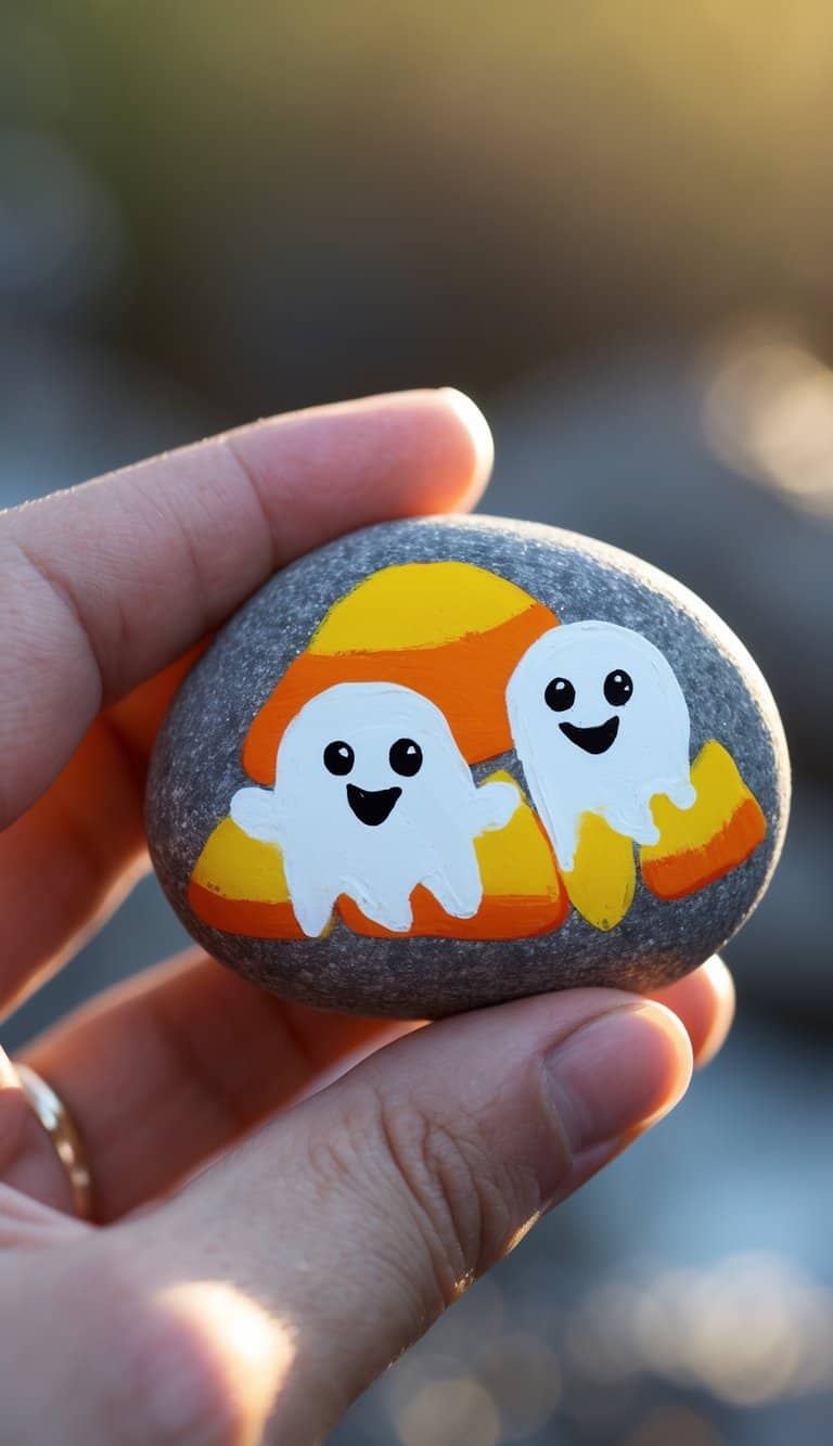 A hand holding a smooth river rock painted with yellow, orange, and white candy corn colors and friendly ghost faces.