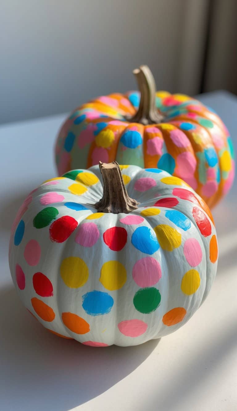 Close-up of one to two pumpkins painted with colorful confetti dots on a simple tabletop under soft daylight.