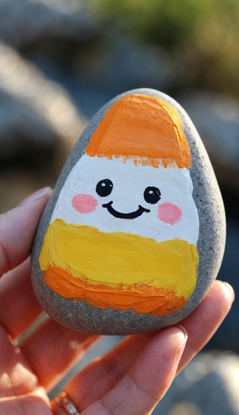 A hand holding a smooth river rock painted like a candy corn with a smiling face and blush cheeks.