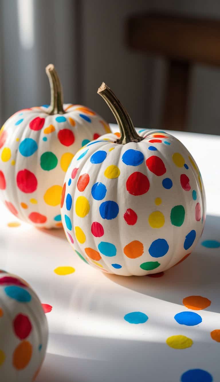 Close-up of one to two small pumpkins painted with colorful confetti dots arranged like a firework explosion on a simple tabletop.