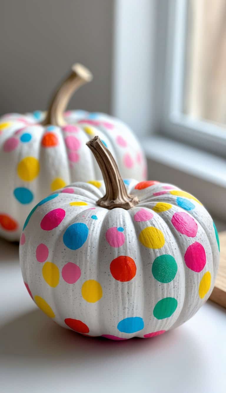 One to two pumpkins painted with colorful confetti dots on a tabletop in soft daylight.