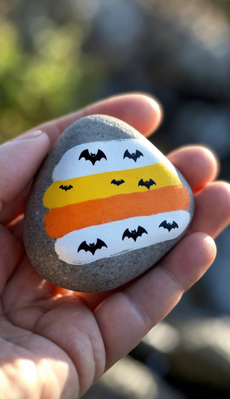 A hand holding a smooth painted rock with yellow, orange, and white stripes and small bat illustrations.