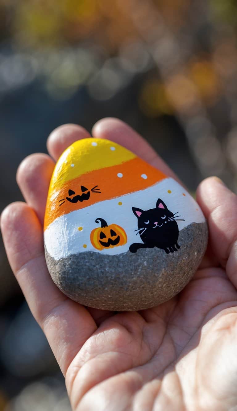 A hand holding a smooth river rock painted with candy corn colors and small black cat and pumpkin designs.