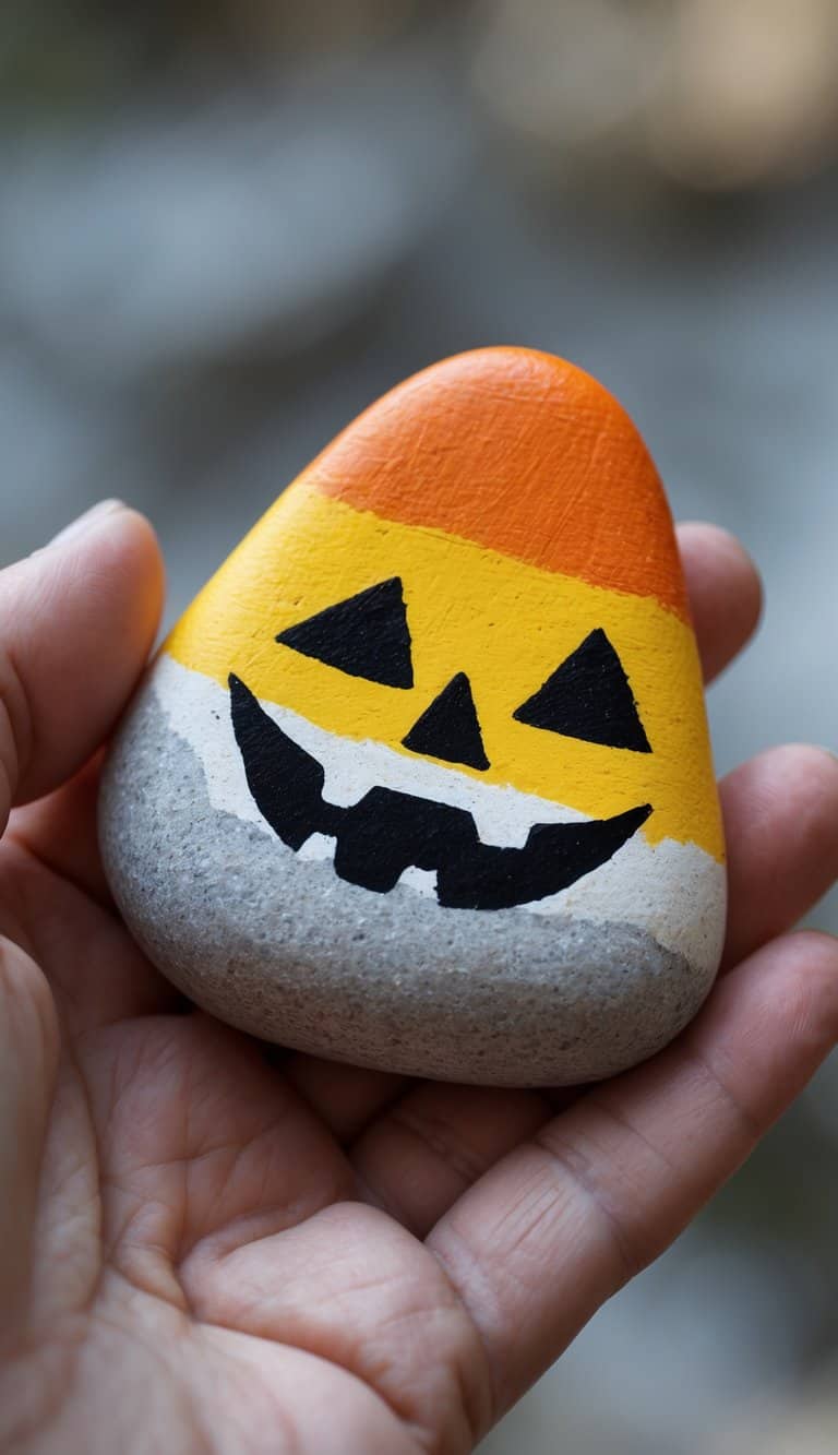 A hand holding a smooth river rock painted with yellow, orange, and white colors and a smiling jack-o'-lantern face.